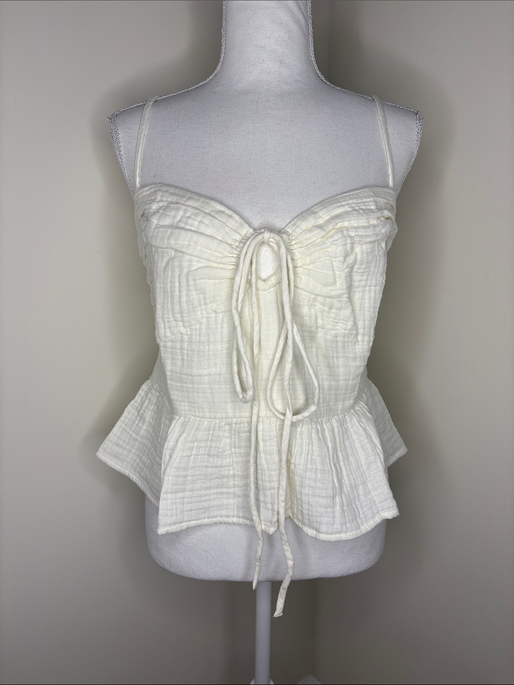 LOFT Beach Strappy Ruched Triple Cloth Peplum Top. Whisper White Large